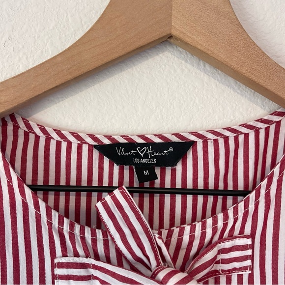 Velvet Heart Striped Top sz Medium Red White Bow Front Cropped Puff Sleeve - Picture 2 of 9